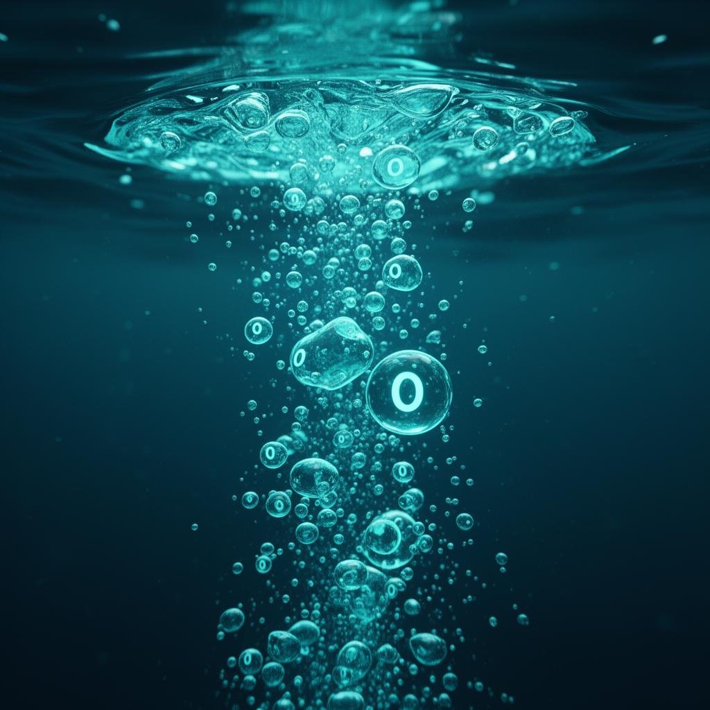 3D macro visualization of glowing cyan oxygen bubbles dissolving into deep ocean-blue fluid