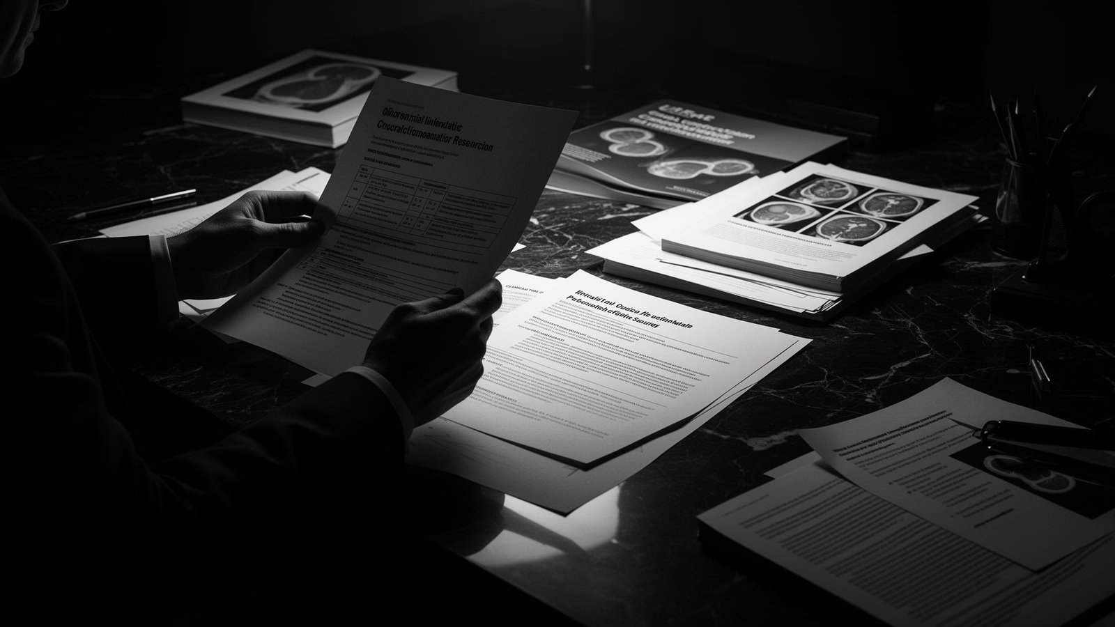 The Investigation — clinical research papers on a dark desk
