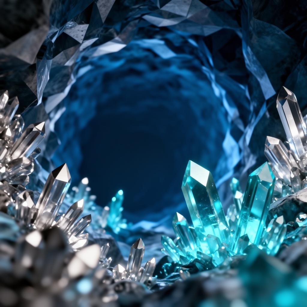 3D macro visualization of abyss-blue geometric cavern with glowing cyan crystalline structures