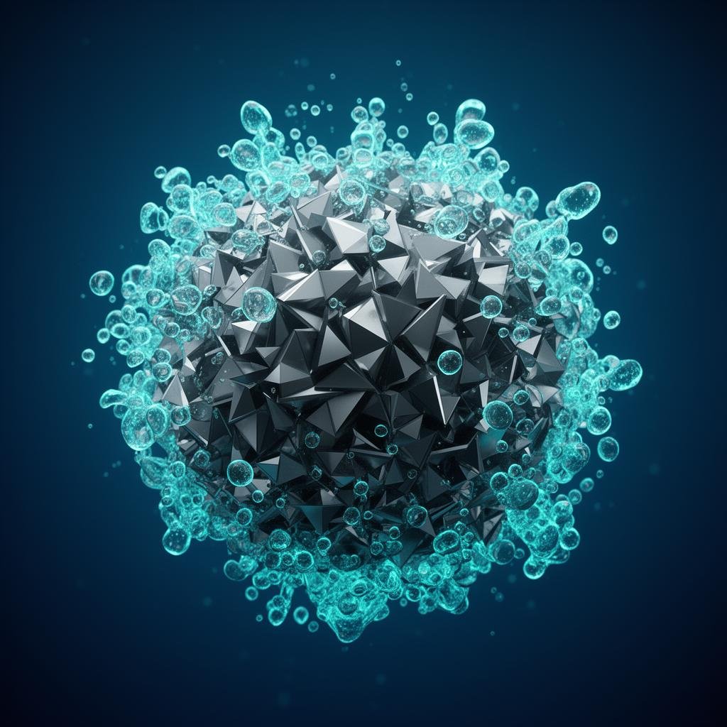 3D visualization of a geometric sphere being dissolved by glowing cyan effervescent bubbles
